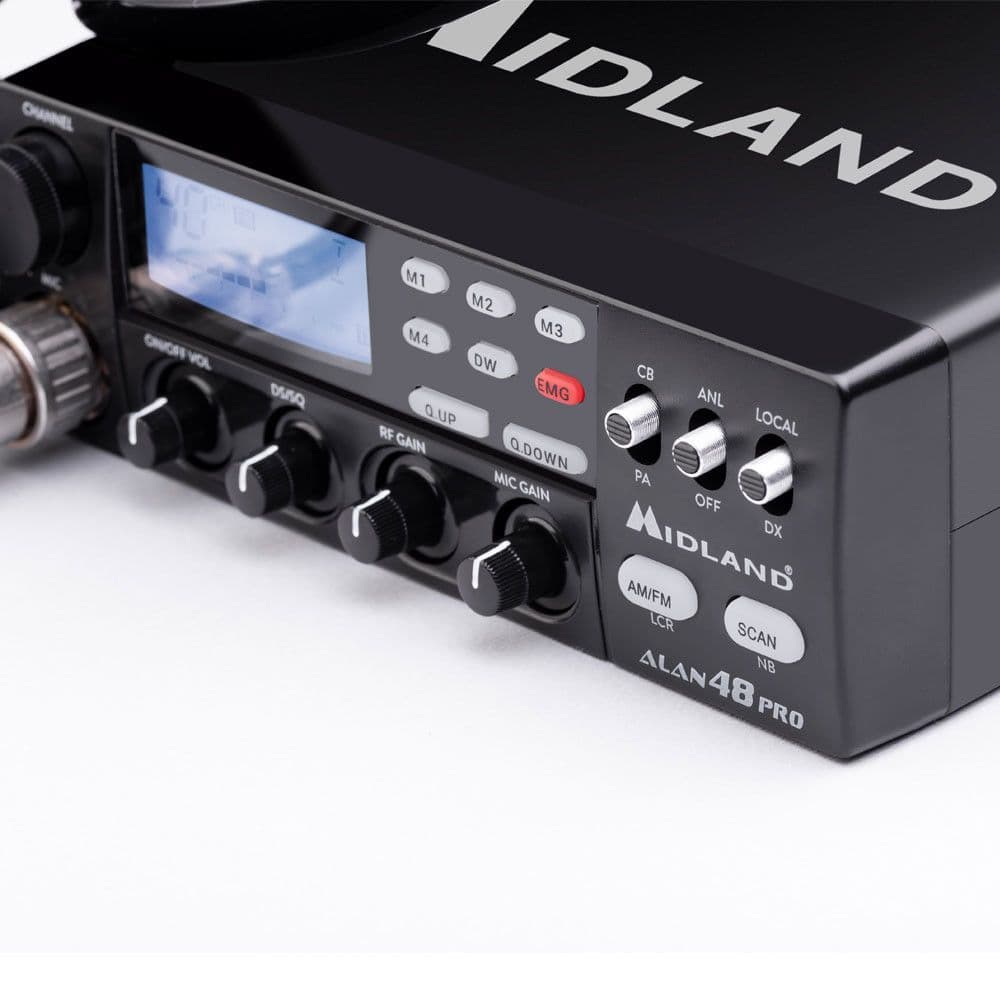 MIDLAND ALAN 48 PRO CB Radio 12/24V z automatycznym SQ, płynnym RF Gain, Mic-Gain, ANL, DualWatch