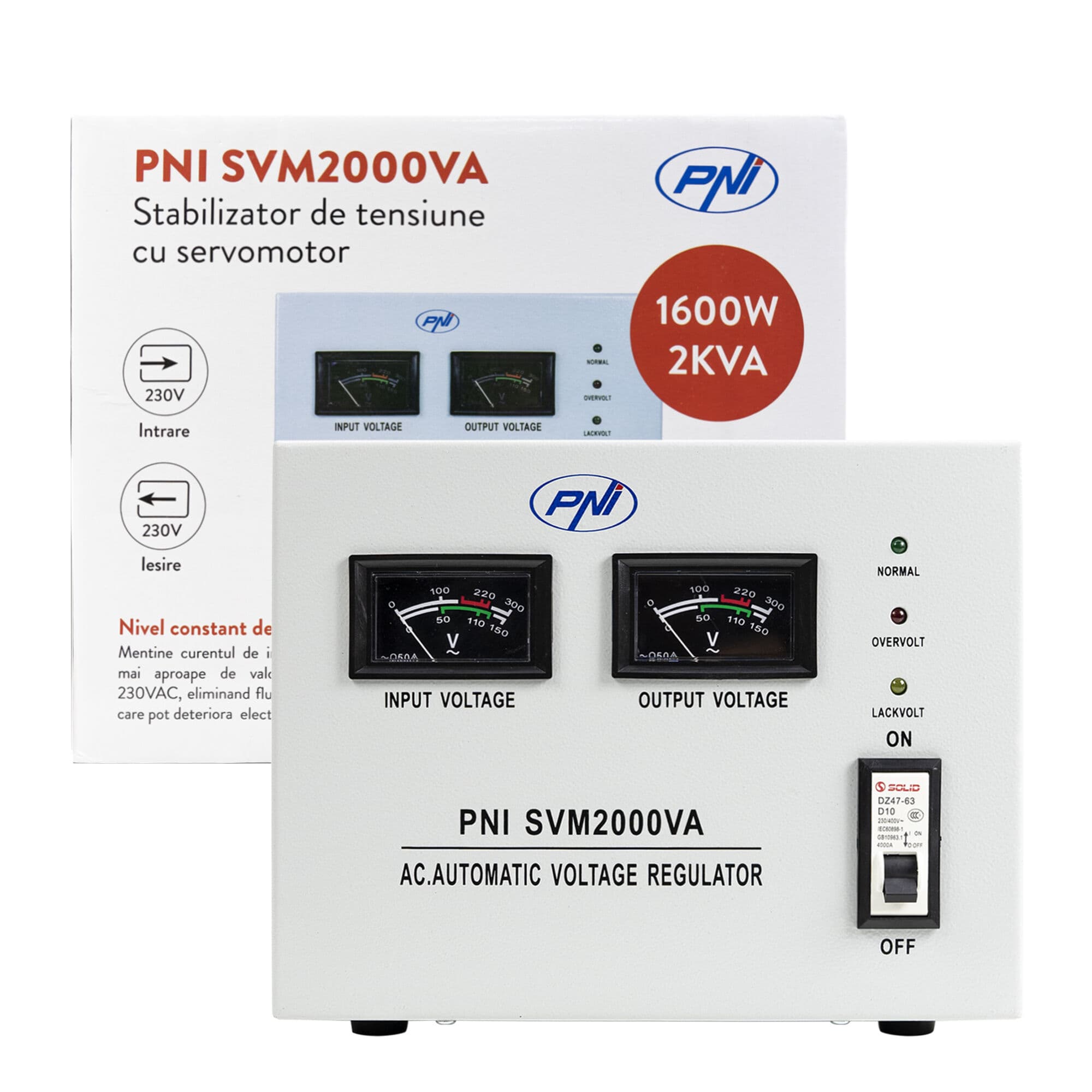PNI SVM2000VA stabilizator napięcia AVR 2000VA / 1600W, 170÷260V / 230V, precyzja 3% serwo, czysty SINUS - np. do agregatu, pompy, pieca CO, serwera