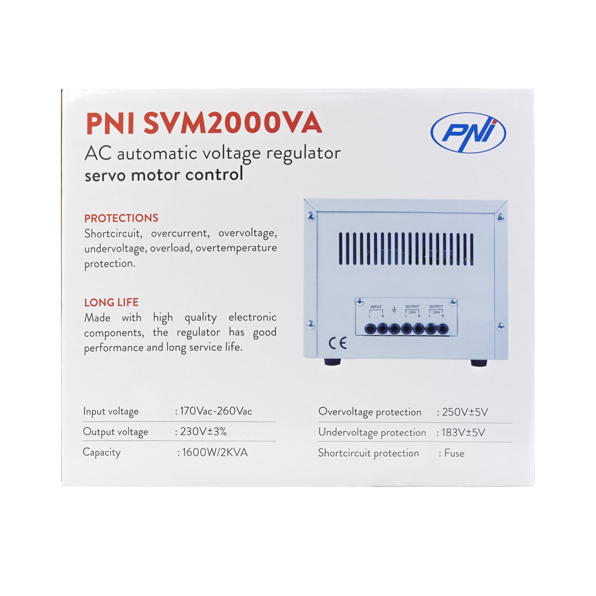 PNI SVM2000VA stabilizator napięcia AVR 2000VA / 1600W, 170÷260V / 230V, precyzja 3% serwo, czysty SINUS - np. do agregatu, pompy, pieca CO, serwera