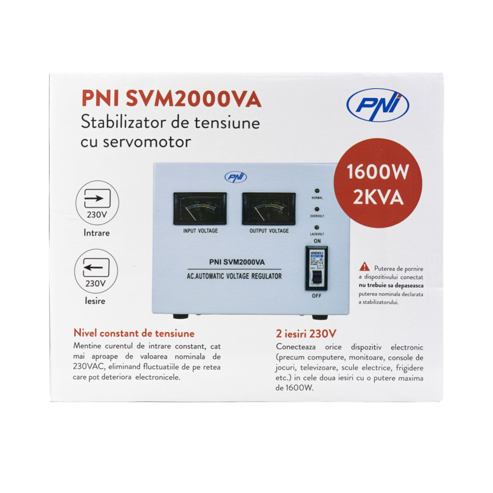PNI SVM2000VA stabilizator napięcia AVR 2000VA / 1600W, 170÷260V / 230V, precyzja 3% serwo, czysty SINUS - np. do agregatu, pompy, pieca CO, serwera