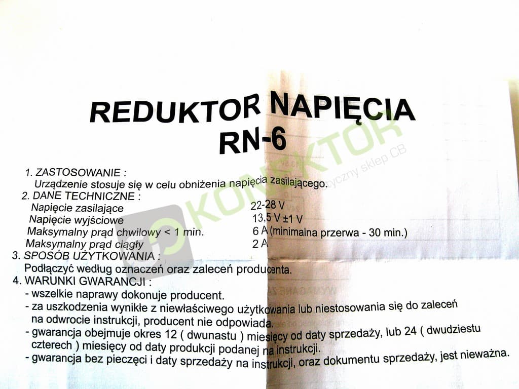 TECHNO-TRONIK RN-6 REDUKTOR NAPIĘCIA 24V/12V 6A przetwornica napięcia np. do CB radio, NAVI, radio samochodowe