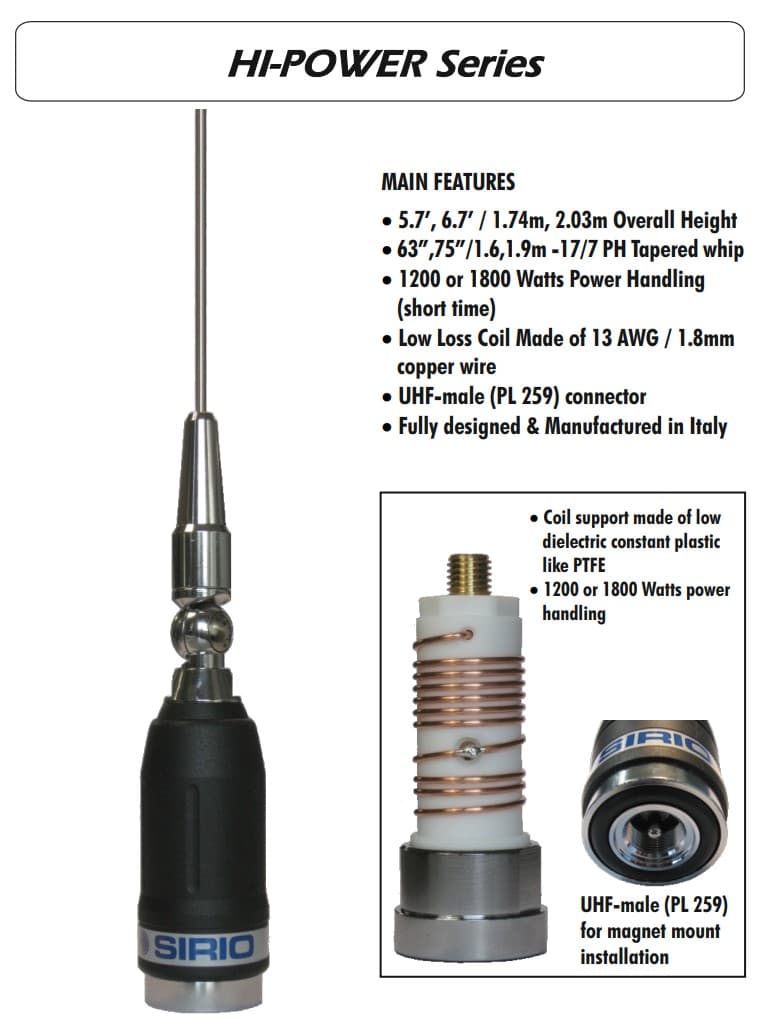 SIRIO HI-POWER 4000 PL Antena CB montażowa 203cm