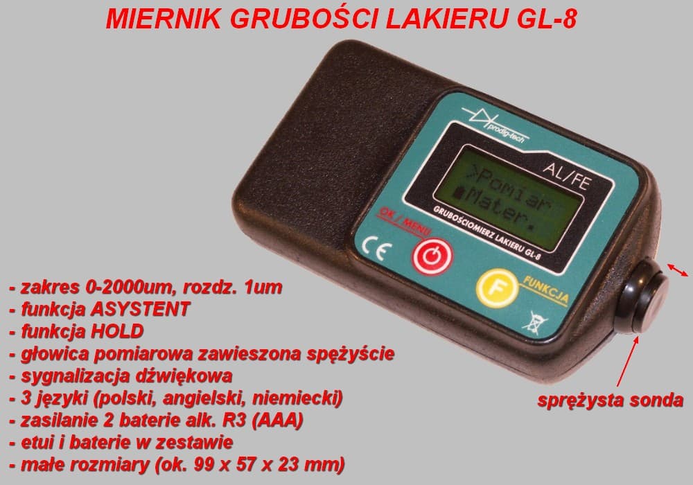 Prodig Tech GL-8 kieszonkowy miernik grubości lakieru (do stali i aluminium) + asystent pomiaru LED + hold - Łódź, Zbąszyńska 2 # grubościomierz lakieru #