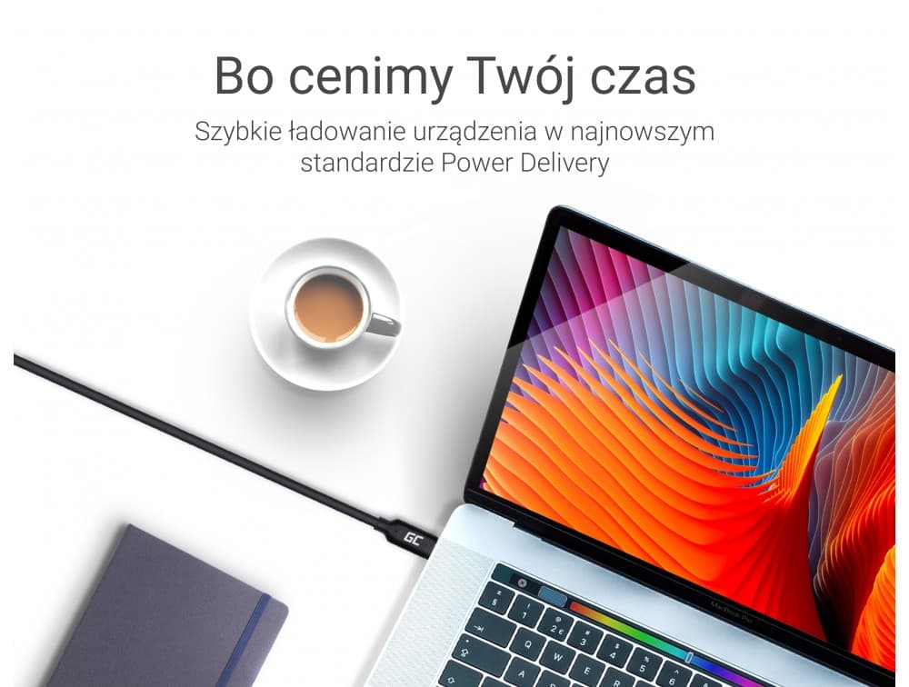 Kabel przewód zasilający USB-C 3.1 100cm Power Delivery 100W 10Gbps SUPERJAKOŚĆ Green Cell KAB38