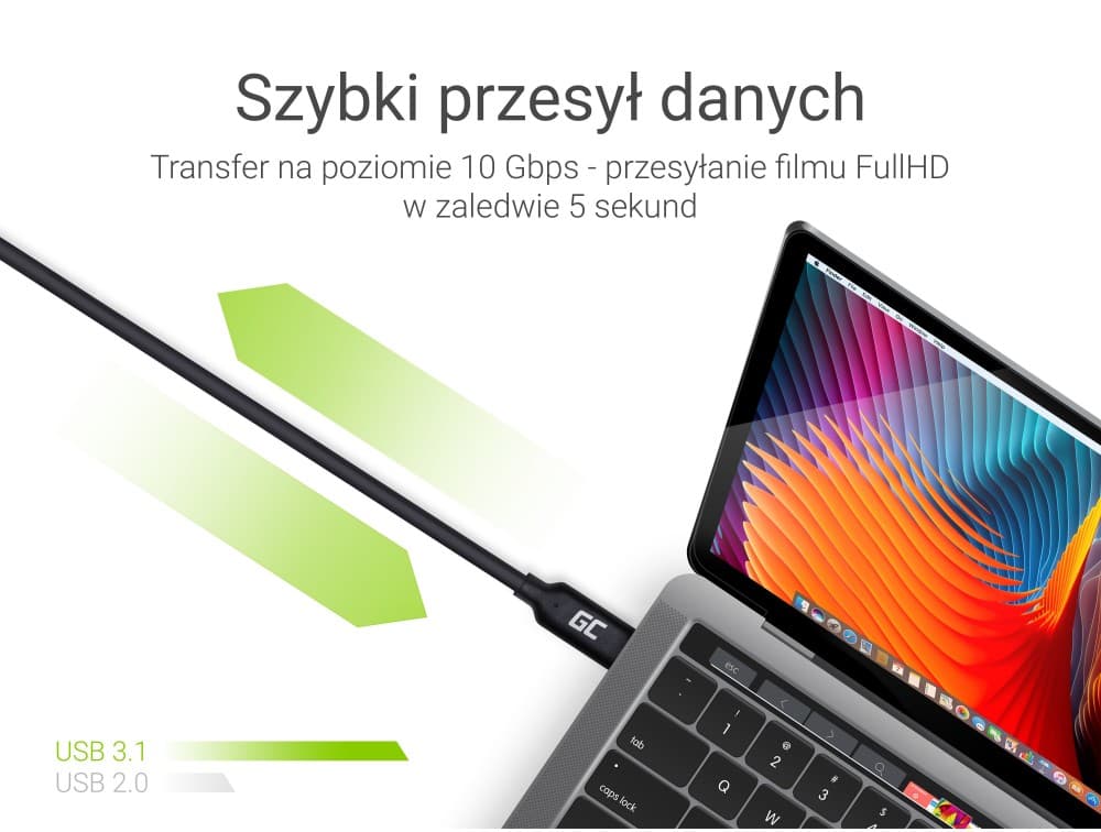 Kabel przewód zasilający USB-C 3.1 100cm Power Delivery 100W 10Gbps SUPERJAKOŚĆ Green Cell KAB38