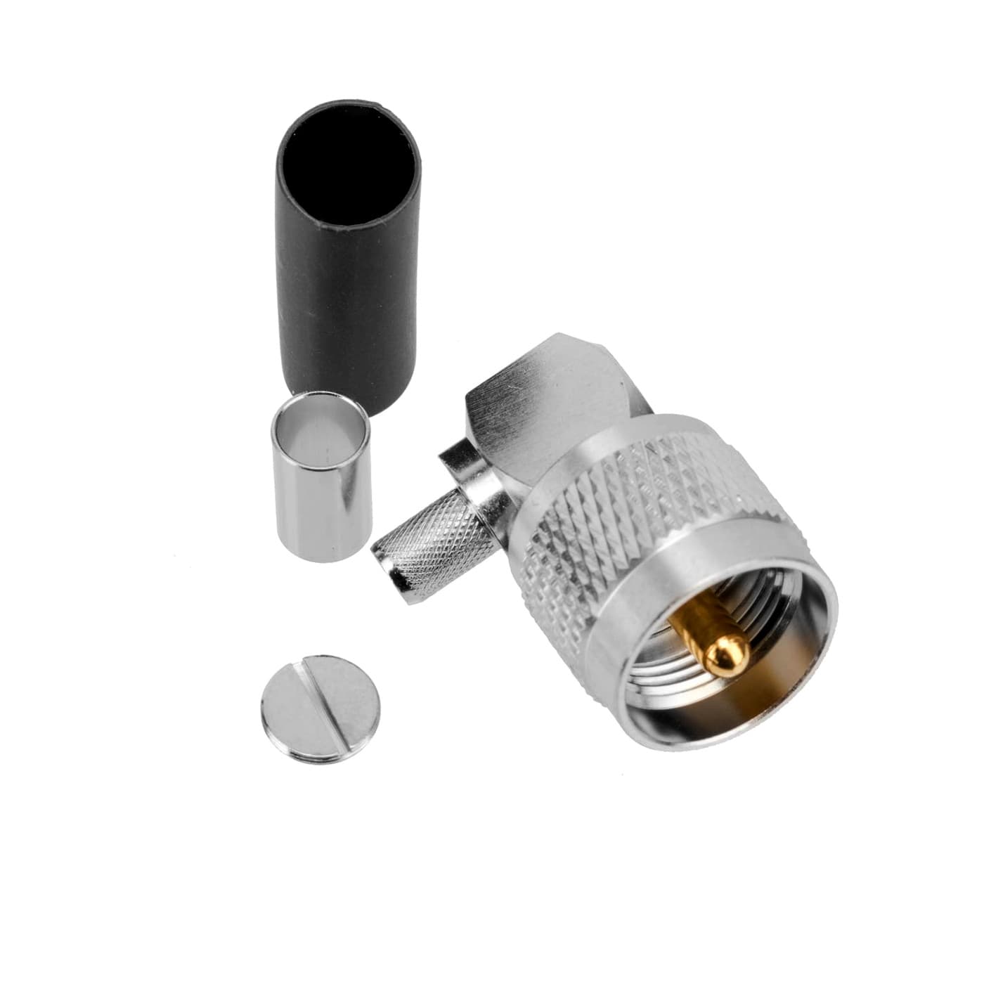 Kątowy wtyk UC-1 zaciskany na przewód RG-58 RF-5 H-155 PTFE/Gold RADIORA (złącze PL-259 kątowe 90 stopni)