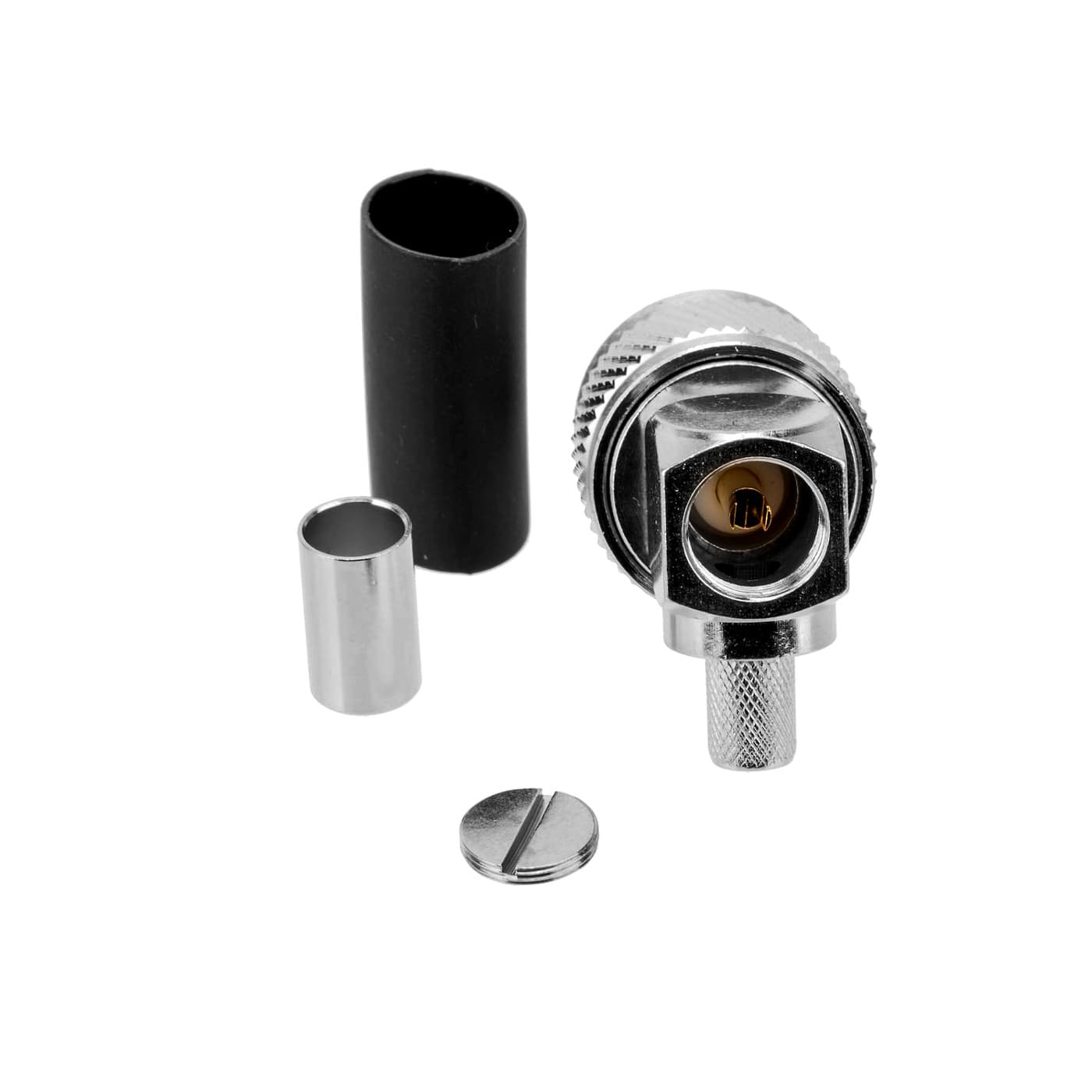 Kątowy wtyk UC-1 zaciskany na przewód RG-58 RF-5 H-155 PTFE/Gold RADIORA (złącze PL-259 kątowe 90 stopni)