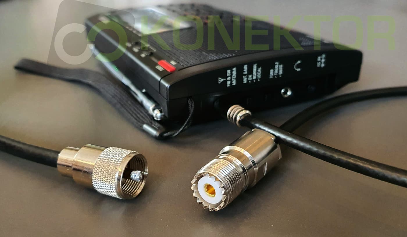 Adapter na kablu: wtyk jack 3.5mm + 50cm H-155 + gniazdo UHF  - pigtail Radiora np. do odbiorników globalnych Tecsun, Sangean, XHDATA itp.