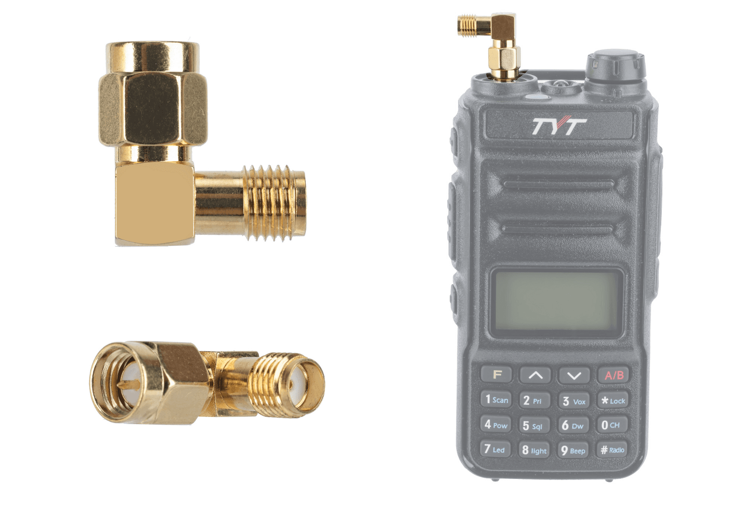Przejściówka kątowa SMA Radiora PTFE/Gold - SMA-M/SMA-F (SMA żeńskie - SMA męskie) adapter np. Baofeng, Wouxun, TYT, RTL-SDR itp.