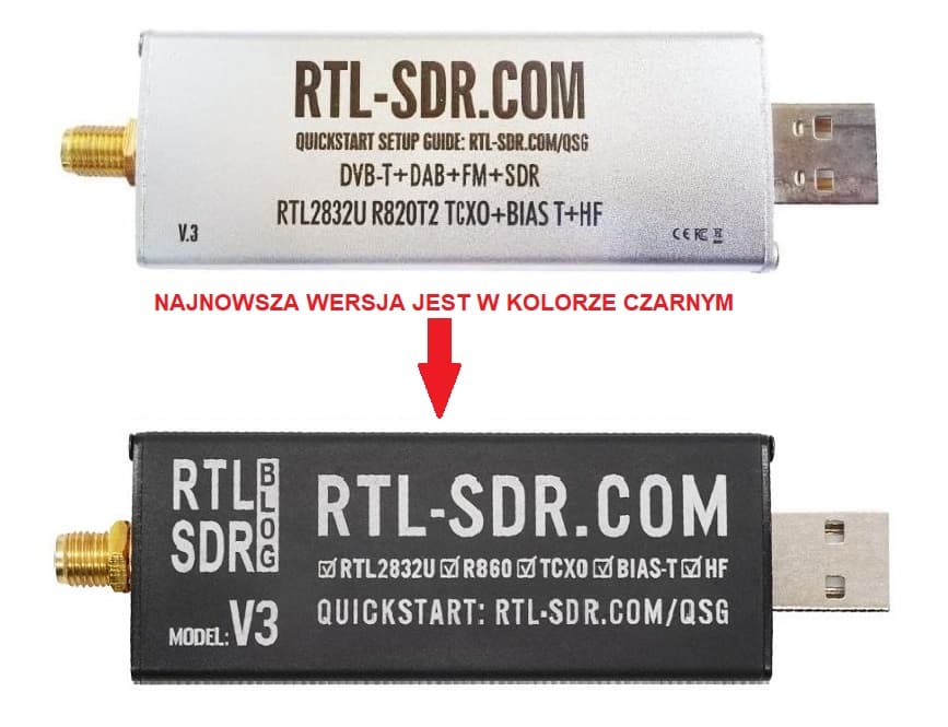 RTL-SDR RTL2832U DVB-T V3 odbiornik SDR + anteny dipolowe zestaw - najnowsza wersja w kolorze czarnym