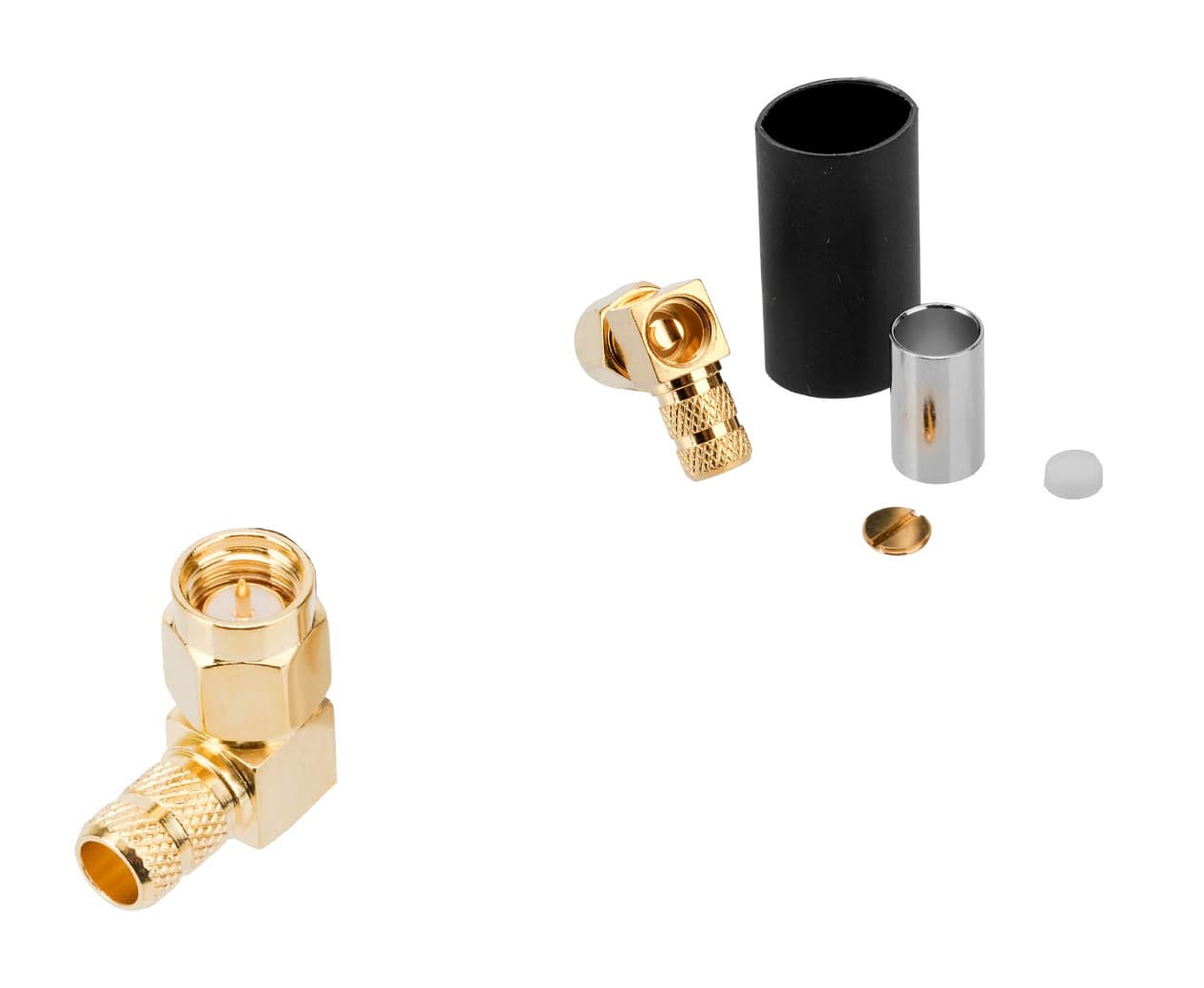 Kątowy wtyk SMA zaciskany na przewód RG-174 RG-316 TFL-316 PTFE/Gold RADIORA (złącze SMA-M męskie kątowe 90 stopni)
