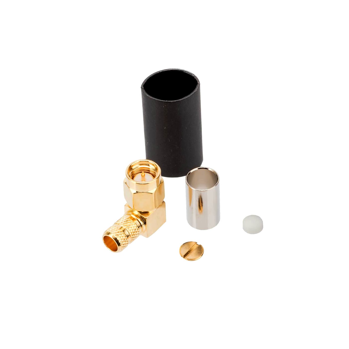 Kątowy wtyk SMA zaciskany na przewód RG-174 RG-316 TFL-316 PTFE/Gold RADIORA (złącze SMA-M męskie kątowe 90 stopni)