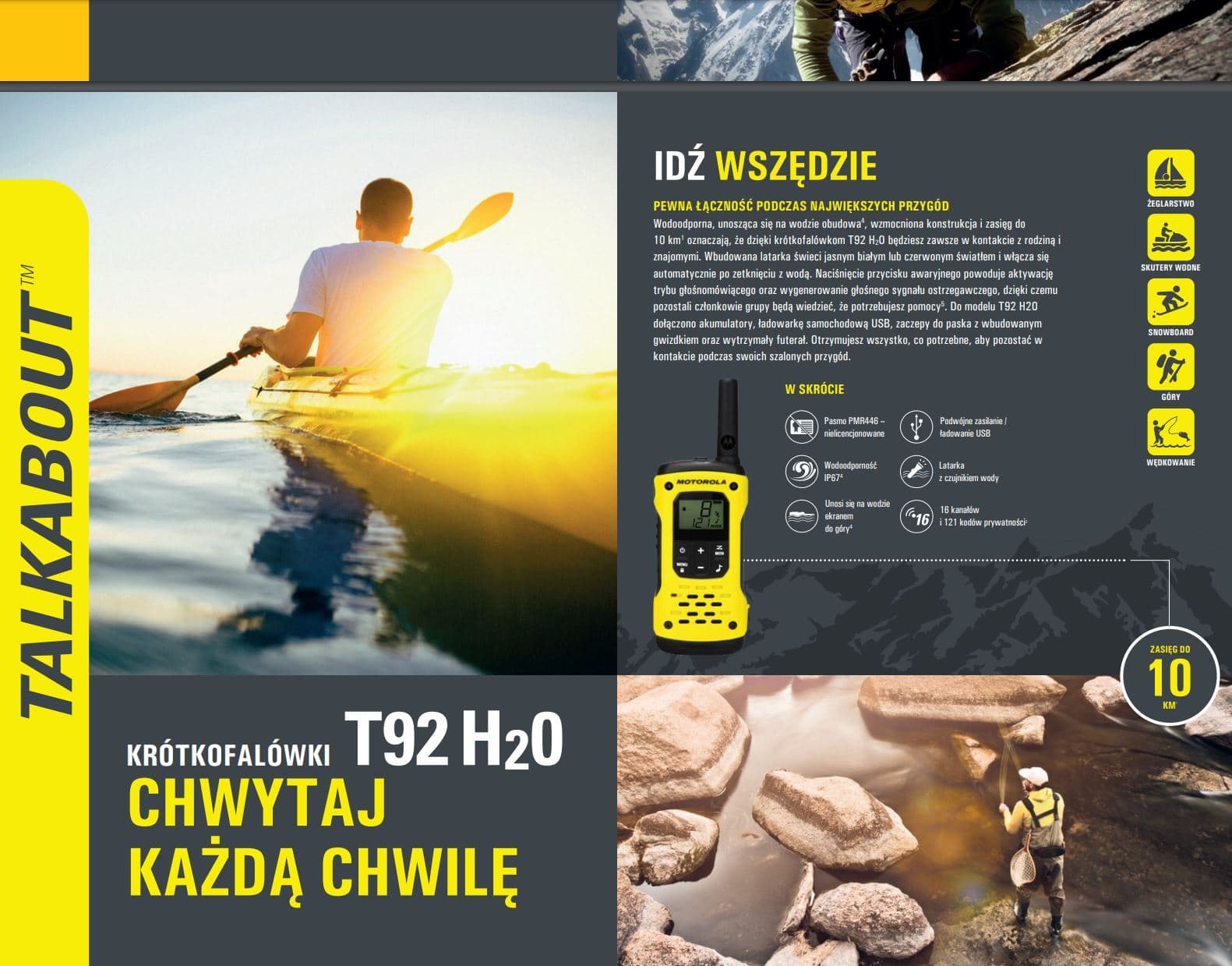 Motorola T92 H2O krótkofalówki PMR bez zezwoleń - zestaw walizka [2szt.] - pływające, wodoodporne IP67, latarka