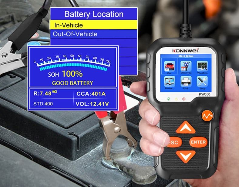 Tester akumulatorów 6V / 12V KONNWEI KW-650 - test ładowania, pod obciążeniem, żywotności itd. POLSKIE MENU