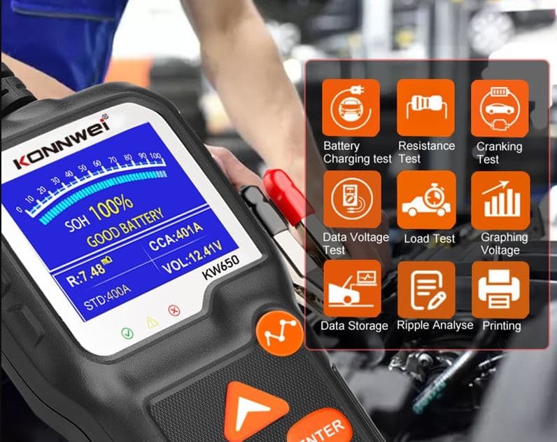 Tester akumulatorów 6V / 12V KONNWEI KW-650 - test ładowania, pod obciążeniem, żywotności itd. POLSKIE MENU