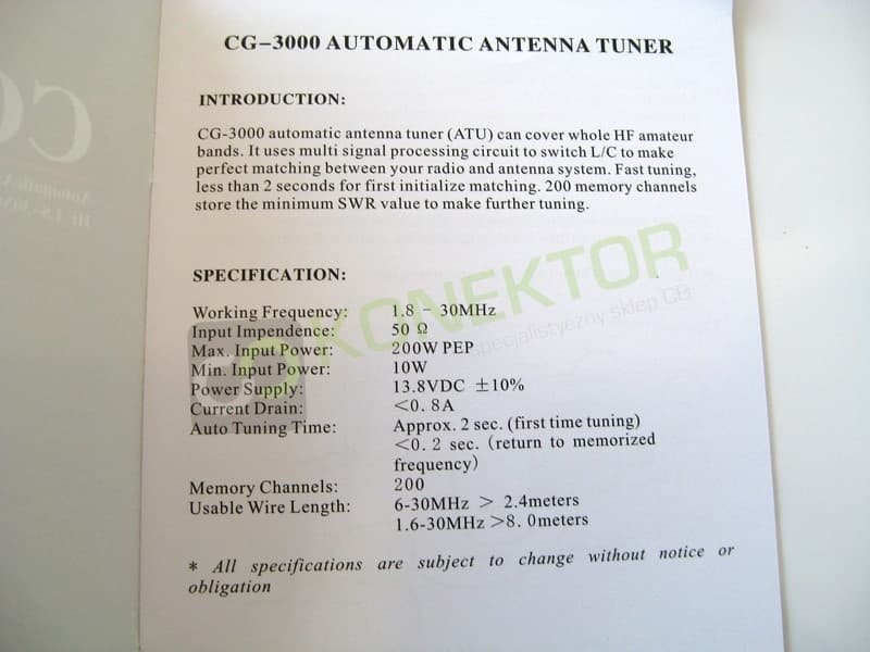 CG-3000 skrzynka antenowa 1.8-30MHz + sterownik CG-CTU z kablem 10m