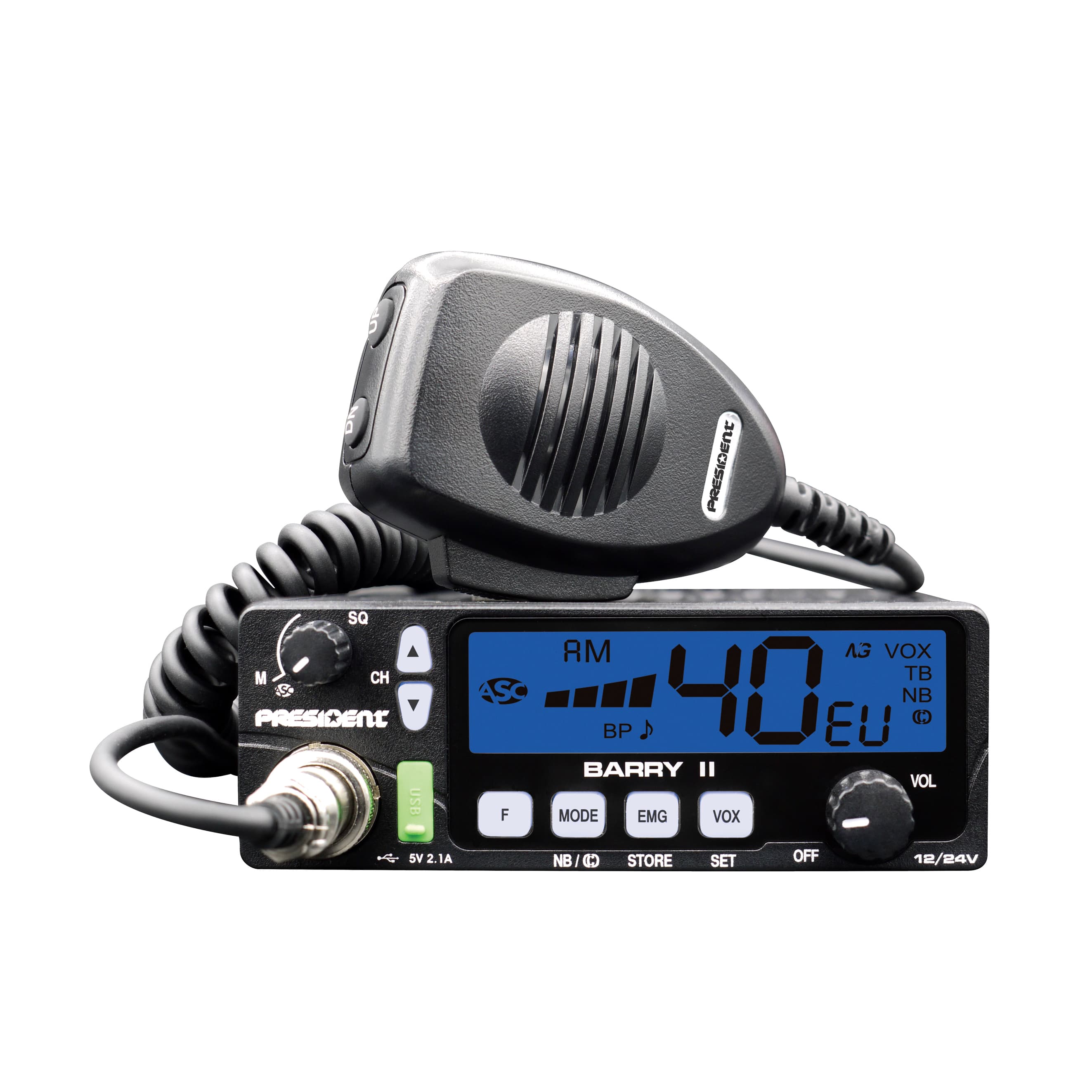 PRESIDENT BARRY II AM/FM CB radio z dobrym ASC, VOX, ładowarka USB, 7 kolorów podświetlenia, kompaktowe wymiary, bardzo prosta obsługa