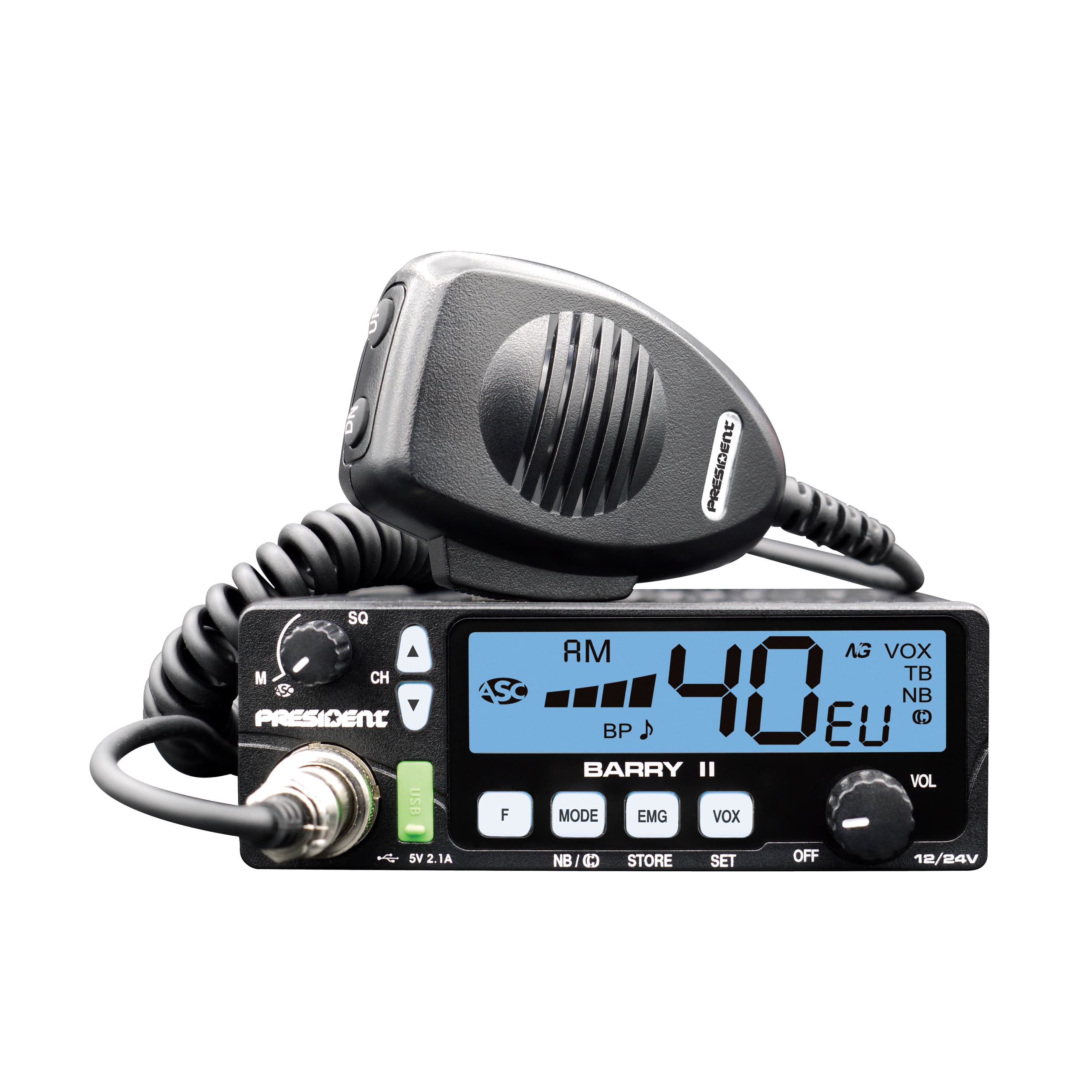 PRESIDENT BARRY II AM/FM CB radio z dobrym ASC, VOX, ładowarka USB, 7 kolorów podświetlenia, kompaktowe wymiary, bardzo prosta obsługa
