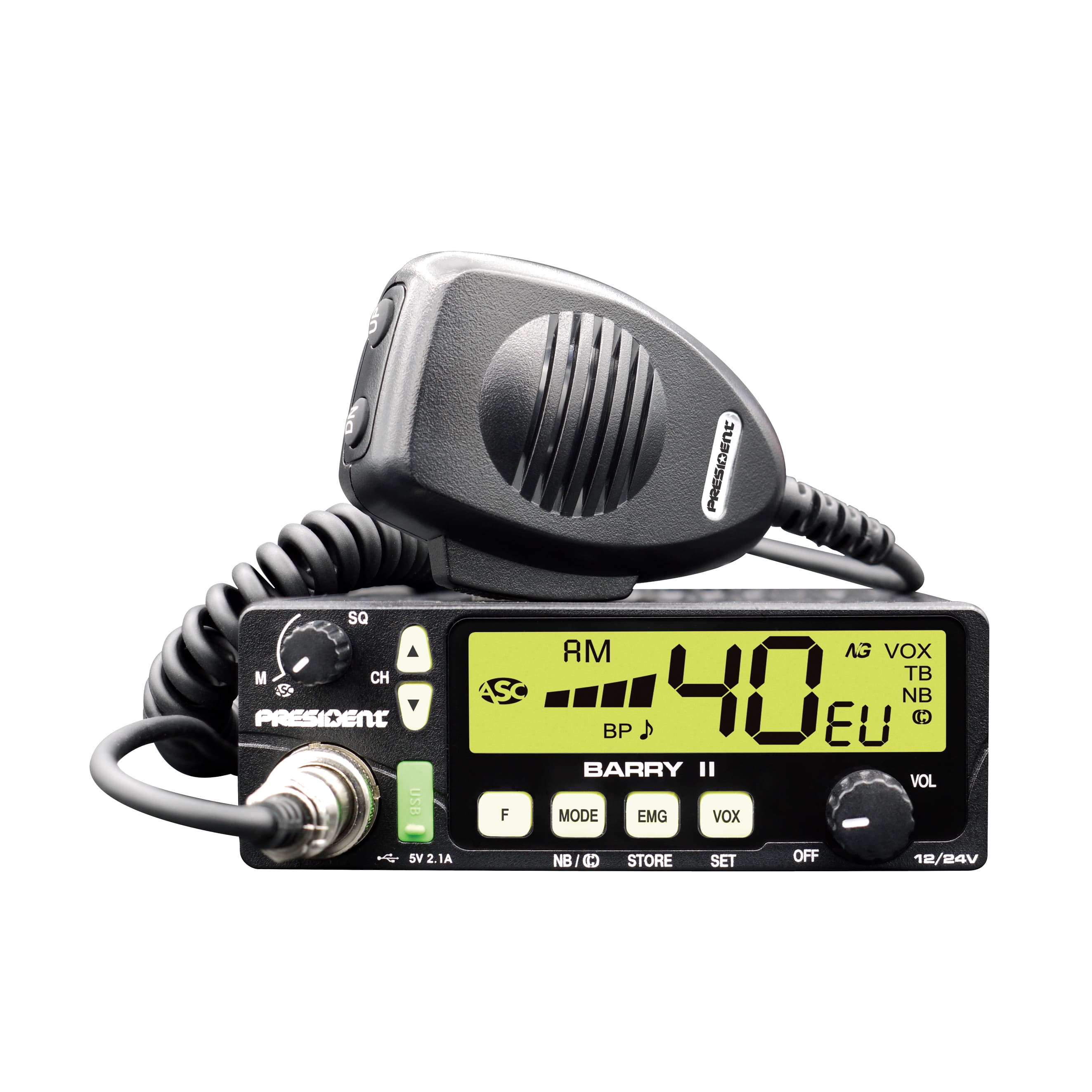 PRESIDENT BARRY II AM/FM CB radio z dobrym ASC, VOX, ładowarka USB, 7 kolorów podświetlenia, kompaktowe wymiary, bardzo prosta obsługa