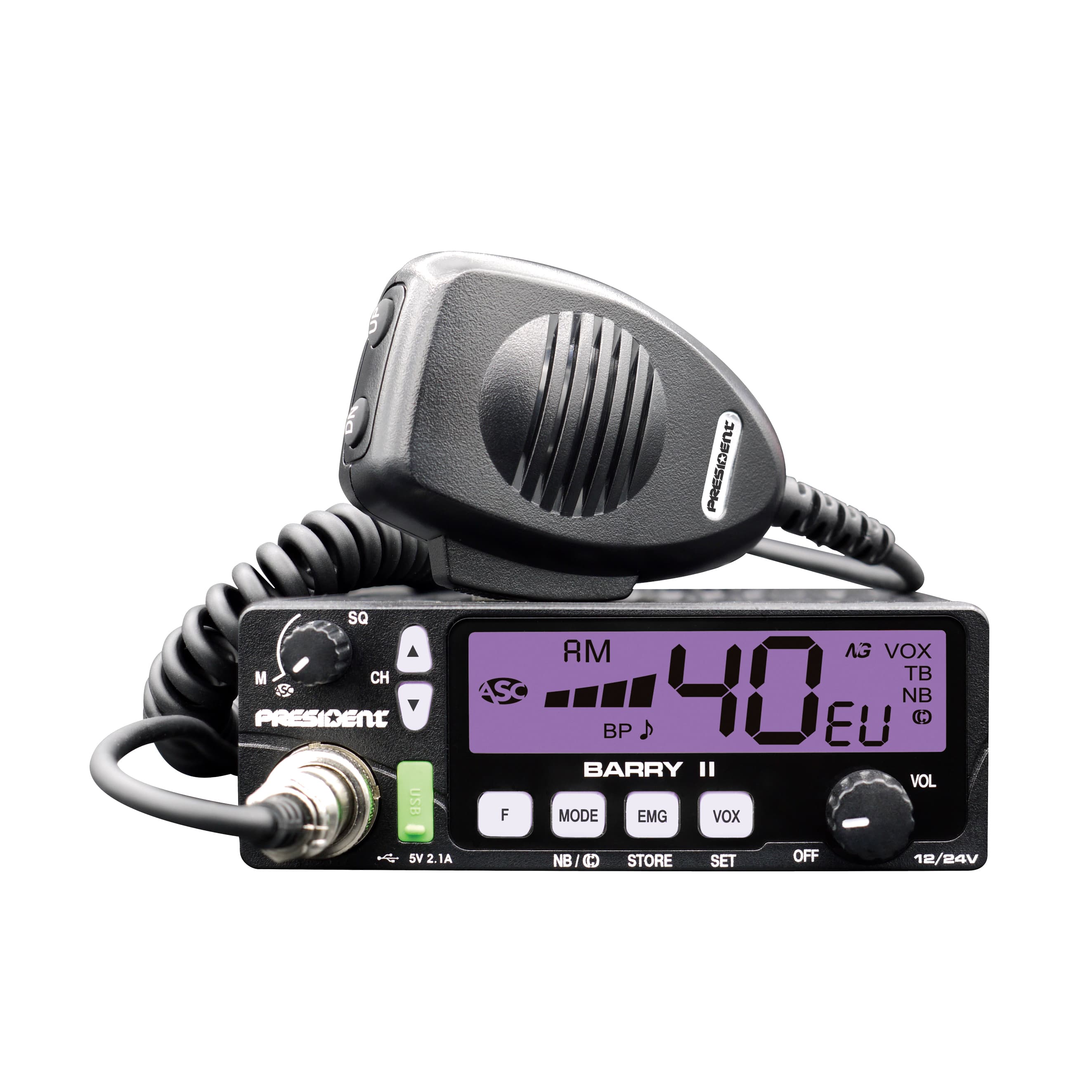 PRESIDENT BARRY II AM/FM CB radio z dobrym ASC, VOX, ładowarka USB, 7 kolorów podświetlenia, kompaktowe wymiary, bardzo prosta obsługa