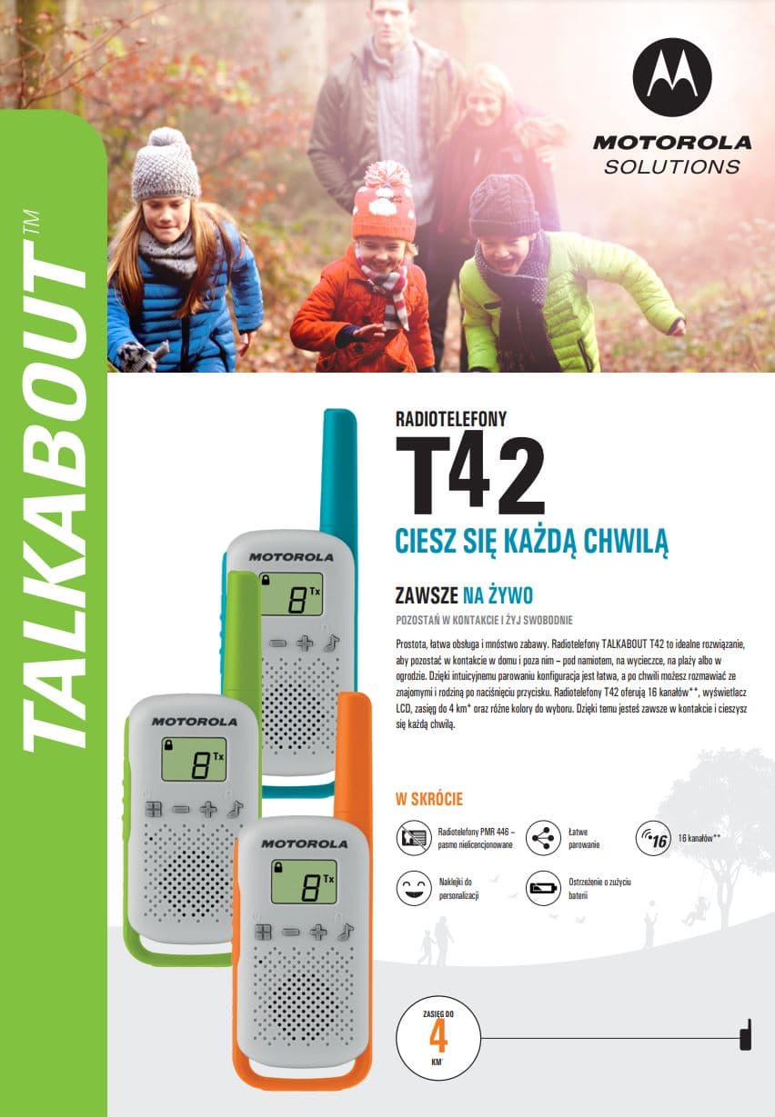 Motorola T42 [2szt.] krótkofalówki PMR 16 kanałów np. dla dzieci (następca Motorola T4, T40, T41)