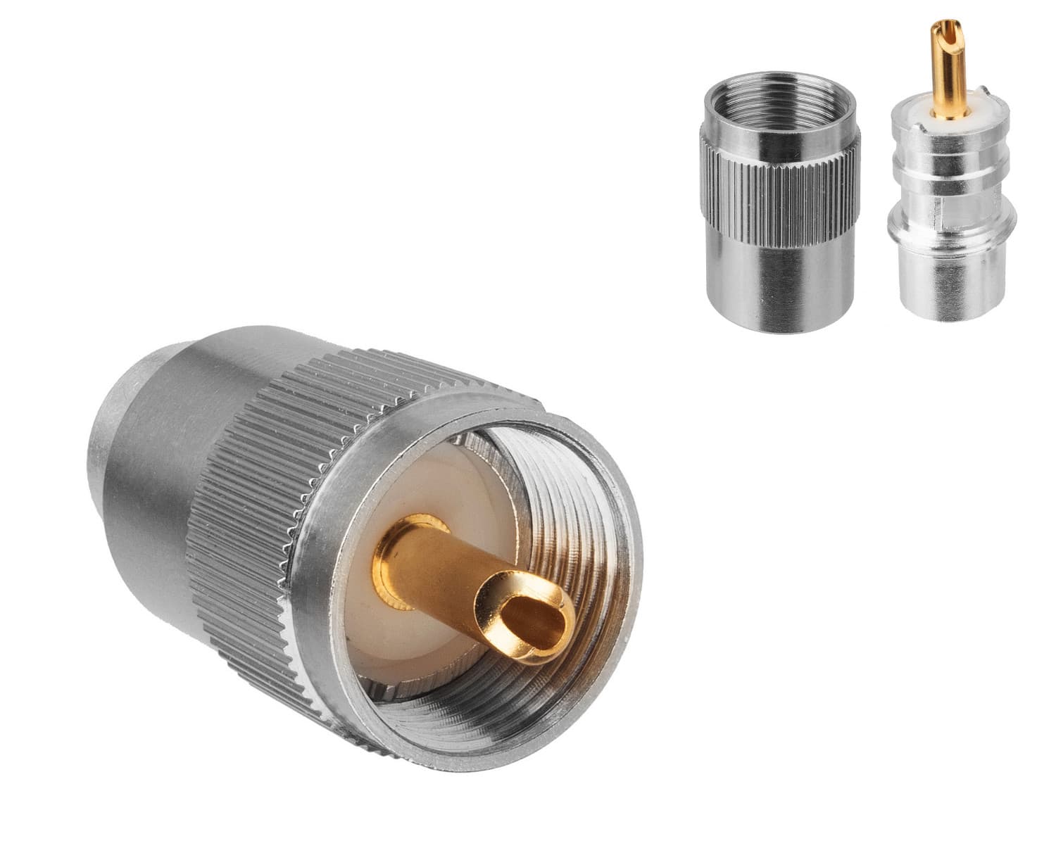 Wtyk UC-1 lutowany nakręcany na przewód RF-7, UltraFlex 7, Aircell-7 ~7mm średnicy PTFE/Gold RADIORA (PL-259/7 krótki 30mm)