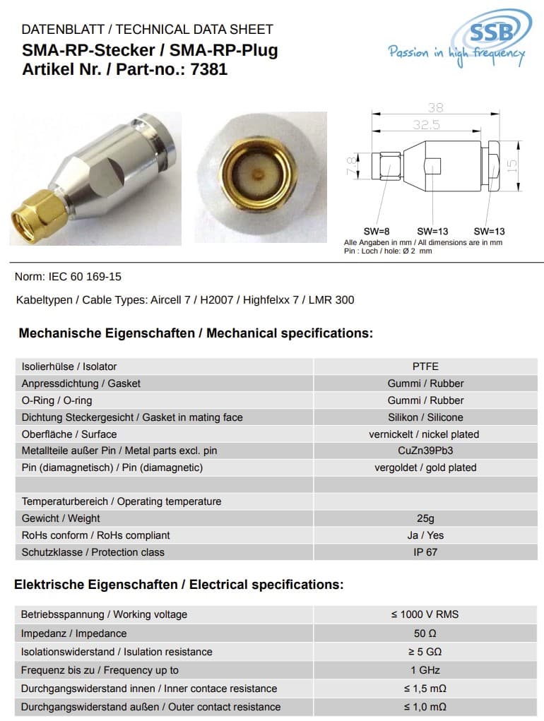 Wtyk RP-SMA PTFE/GOLD skręcany na przewód 7mm RF-7 Aircell-7 UltraFlex7 (złącze SMA-RP męskie) - pasuje do hotspot Helium, routery LTE