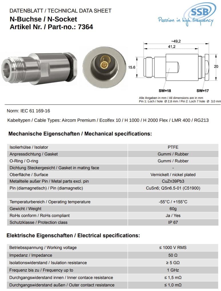 Gniazdo N żeńskie PTFE/GOLD skręcane na przewód 10mm RF-10 RG-213 H-1000 HyperFlex 10 (złącze N-F) - np. do anten Helium