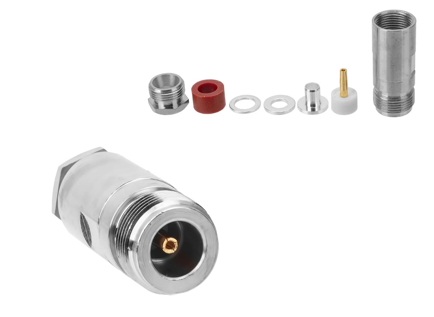 Gniazdo N skręcane na kabel RF-5, H-155, HyperFlex 5 itp. 5-6mm (gniazdo N-F na przewód, do wtyku N męskiego) PTFE/GOLD RADIORA