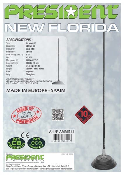 PRESIDENT NEW FLORIDA Antena CB magnesowa helikalna 60cm (czarna, dyskretna) - 6 lat gwarancji