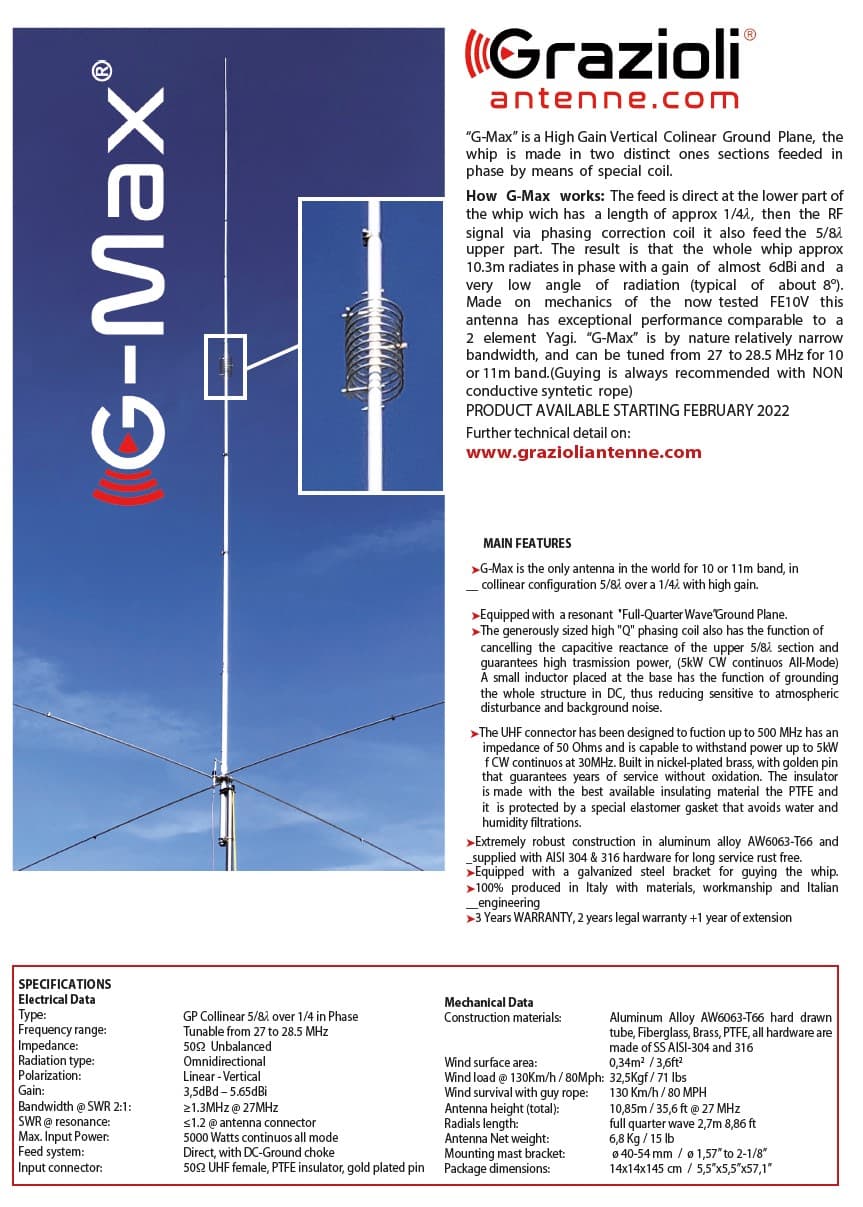 GRAZIOLI G-MAX najdłuższa antena bazowa CB 10,8m (27-28.5MHz) 5/8 lambda + przeciwwagi 1/4 lambda
