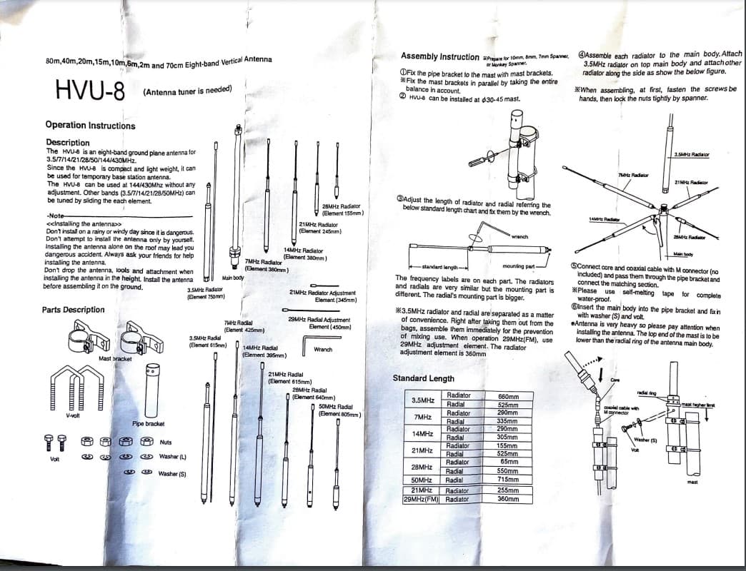 HVU-8 antena pionowa HF VHF UHF wielopasmowa (3.5-52MHz/144/430MHz) - długość ok. 270cm