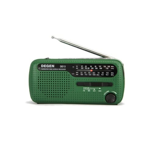 DEGEN DE13 DSP kompaktowy odbiornik globalny (przenośny) MW / SW / FM, latarka, alarm, dynamo, zasilanie solarne, polska instrukcja - radio dla preppersa, survival