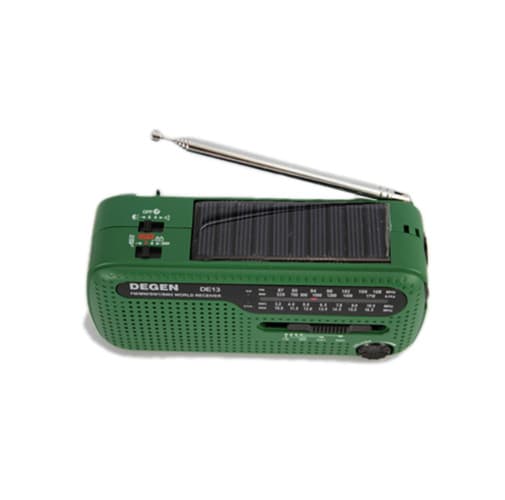 DEGEN DE13 DSP kompaktowy odbiornik globalny (przenośny) MW / SW / FM, latarka, alarm, dynamo, zasilanie solarne, polska instrukcja - radio dla preppersa, survival