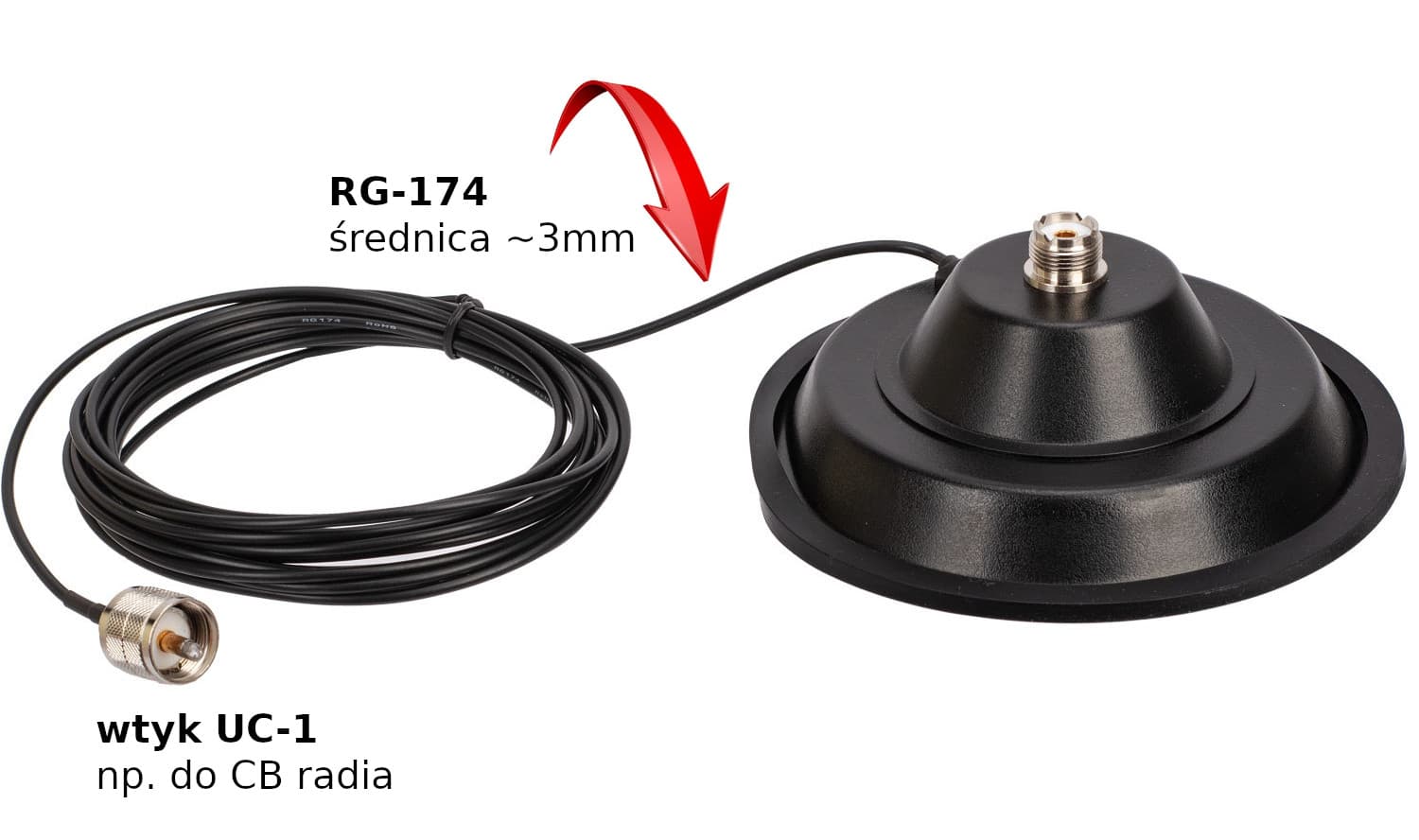 RADIORA MAG 150 PL podstawa magnetyczna 145mm cienki kabel 5m RG-174 wtyk UC-1 - magnes do anten CB, HF, VHF, UHF