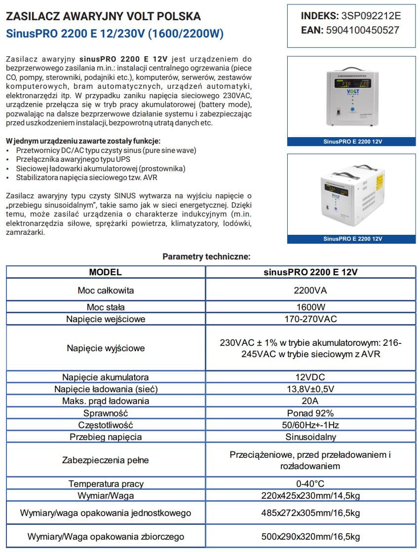 Przetwornica sinusoidalna AVR UPS VOLT SINUS PRO 2200 E (1600/2200W) 12/230V