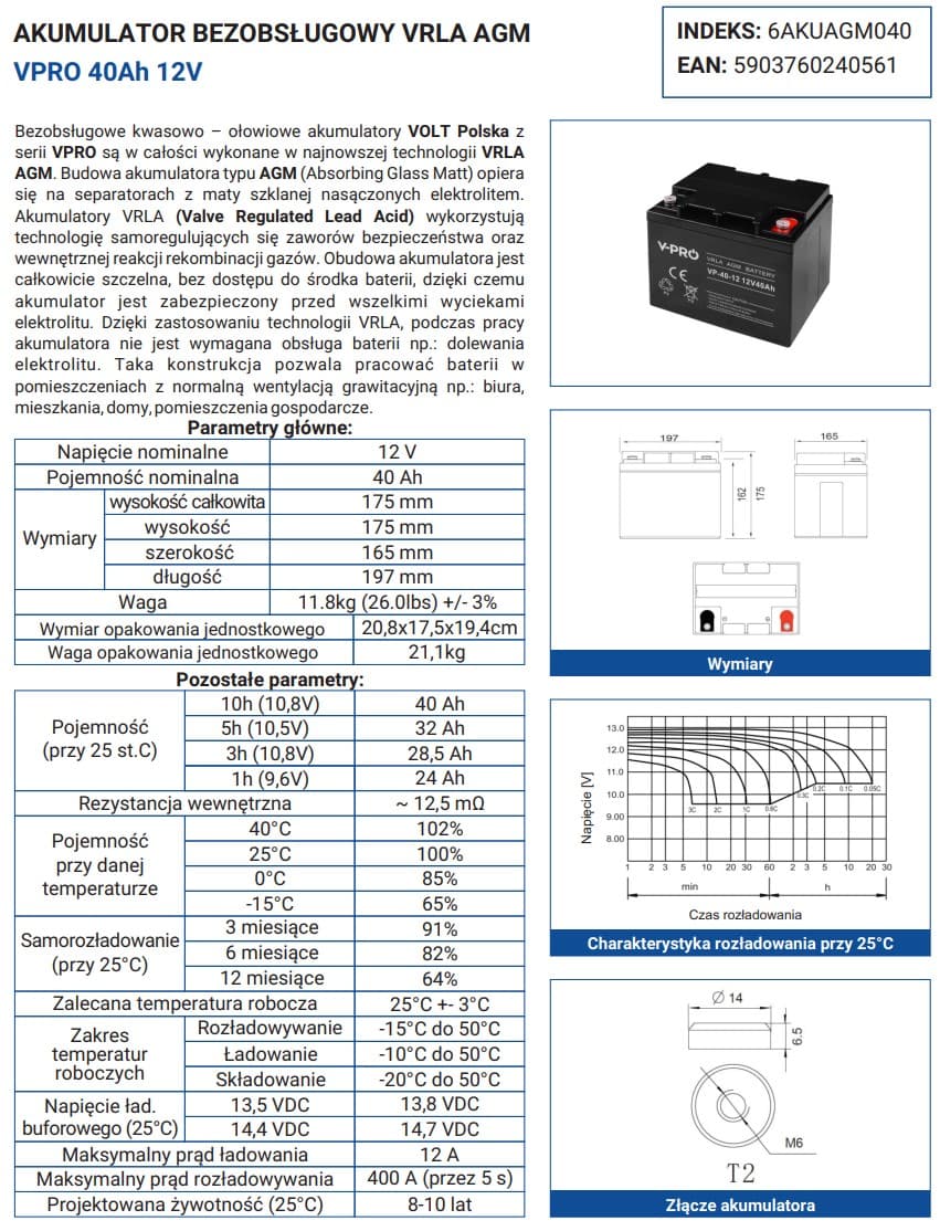 Akumulator VOLT AGM 12V 40Ah VRLA bezobsługowy - do awaryjnego zasilania pieców, pomp, automatyki, alarmów itp.