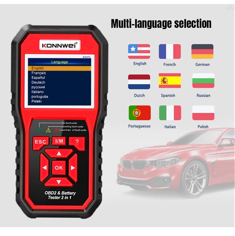Konnwei KW870 6V/12V 2w1 - interfejs diagnostyczny OBD-2 + tester akumulatorów - odczyt i kasowanie błędów komputera - uniwersalny POLSKIE MENU