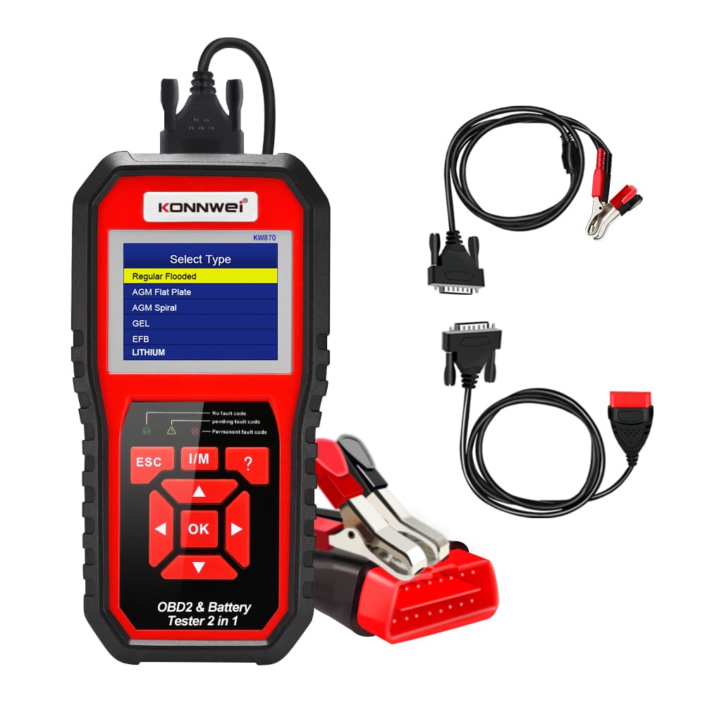 Konnwei KW870 6V/12V 2w1 - interfejs diagnostyczny OBD-2 + tester akumulatorów - odczyt i kasowanie błędów komputera - uniwersalny POLSKIE MENU