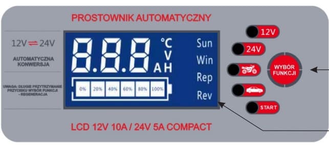 Prostownik VOLT Compact LCD automatyczny do akumulatorów 12V 10A 24V 5A - ładowarka samochodowa