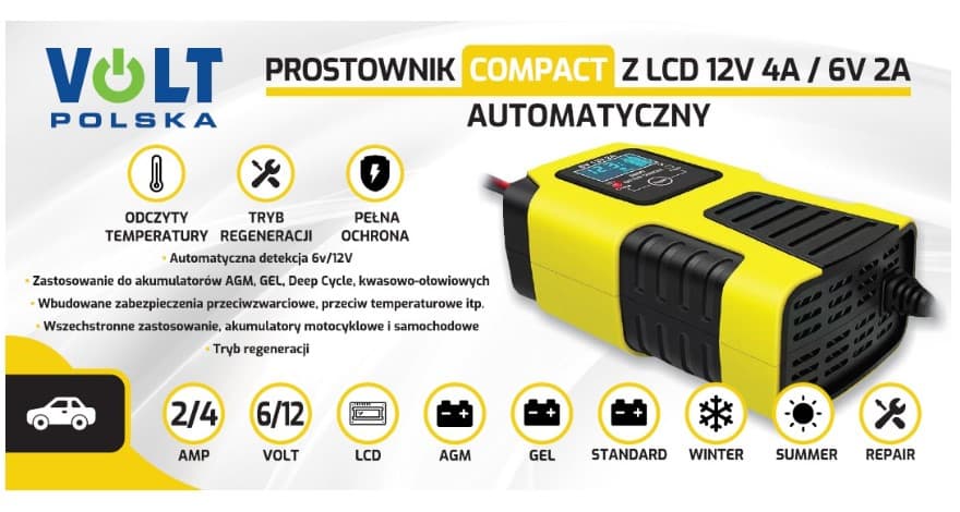 Prostownik VOLT Compact LCD automatyczny do akumulatorów 12V/4A 6V/2A - ładowarka samochodowa