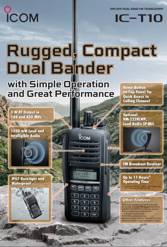 Icom IC-T10 amatorski radiotelefon ręczny VHF UHF IP67 - Made in Japan!