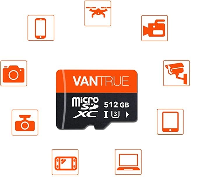 Oryginalna karta pamięci VANTRUE micro SD XC 512GB, przeznaczona do kamer np. samochodowych, monitoringu, GoPro, drona