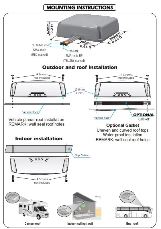 Sirio LPA 5G MiMo antena niskoprofilowa 4G LTE, 5G, LoRa 868MHz, 915MHz, WiFi 2.4GHz/ 5GHz antena sufitowa, dachowa np. do kampera