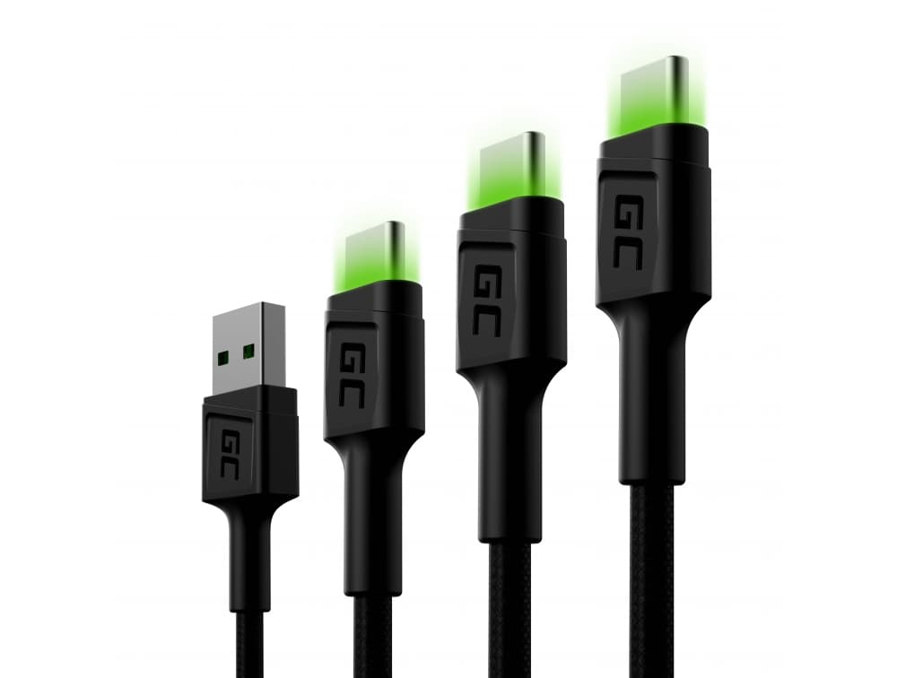Zestaw trzech kabli GC RAY 30,120, 200cm przewody zasilające USB-A / USB-C - LED nylonowe wytrzymałe SUPERJAKOŚĆ