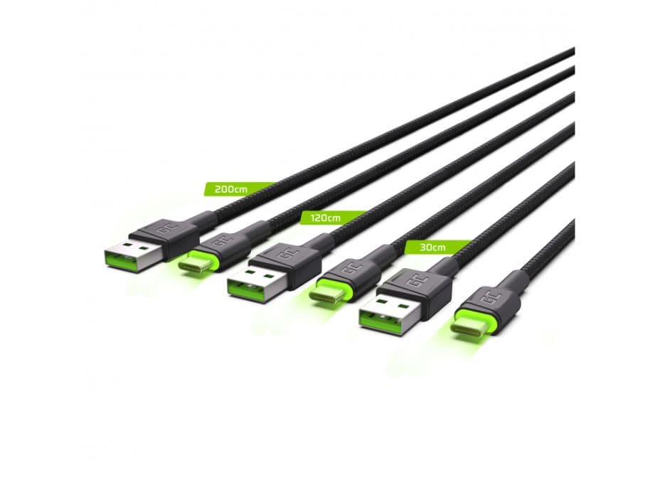 Zestaw trzech kabli GC RAY 30,120, 200cm przewody zasilające USB-A / USB-C - LED nylonowe wytrzymałe SUPERJAKOŚĆ