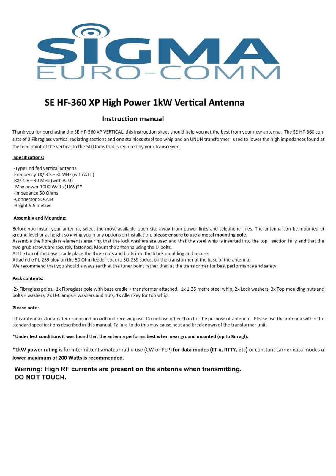 Sigma SE HF 360 XP 1KW fiberglass antena KF wielopasmowa 3.5-52MHz długość 550cm