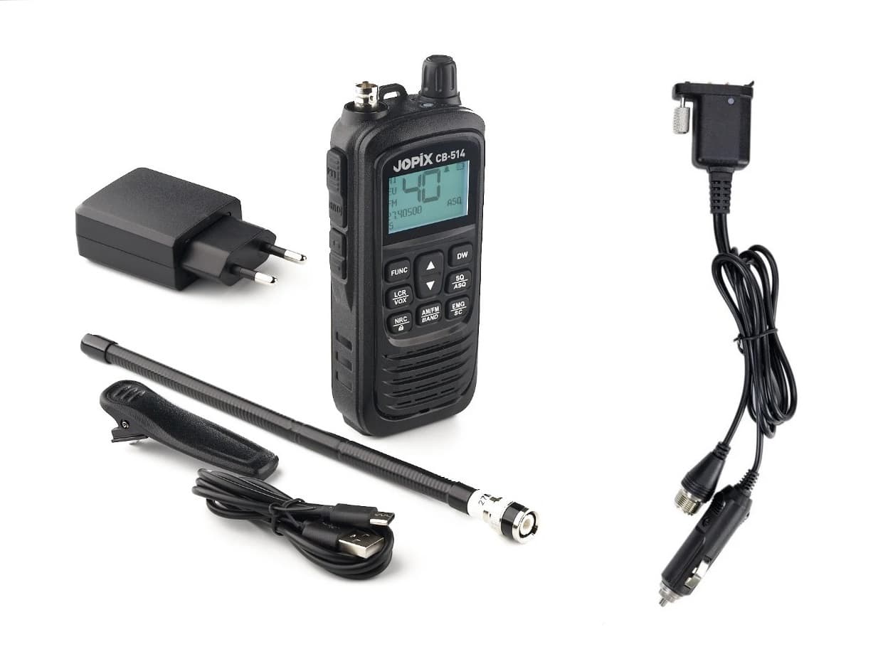 Jopix CB-514 CB radio ręczne / przenośne (ręczniak CB) + adapter samochodowy 12V + gniazdo do zewnętrznej anteny CB