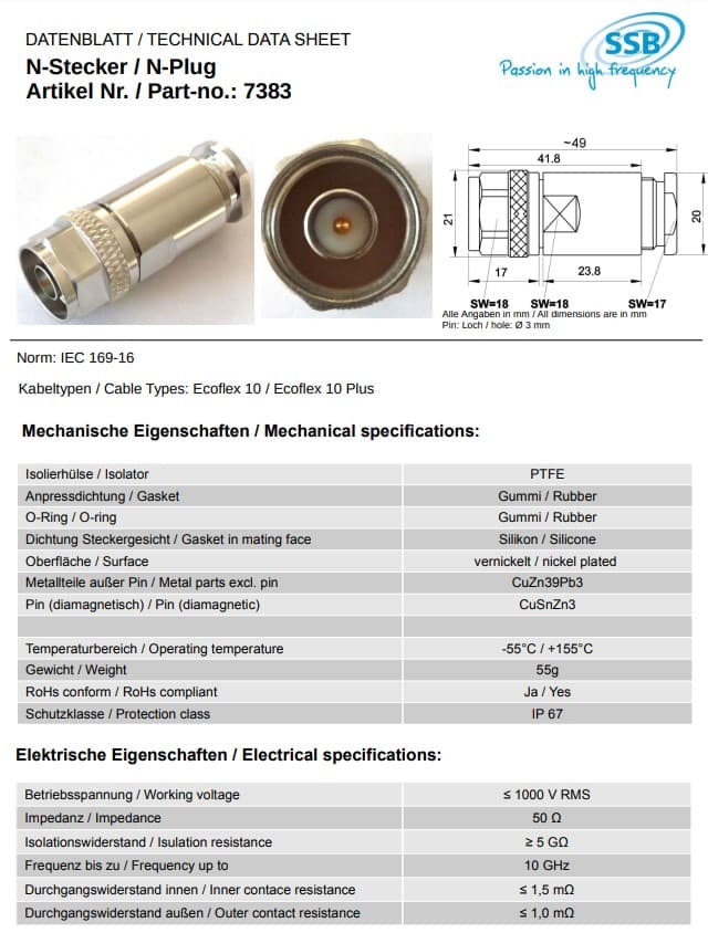 Wtyk skręcany N na kabel 10mm (bez lutowania) np. RF-10, HyperFlex 10,  Broad Pro 50C, RG-213, H-1000, Ecoflex 10 (SSB Solderless 7383)