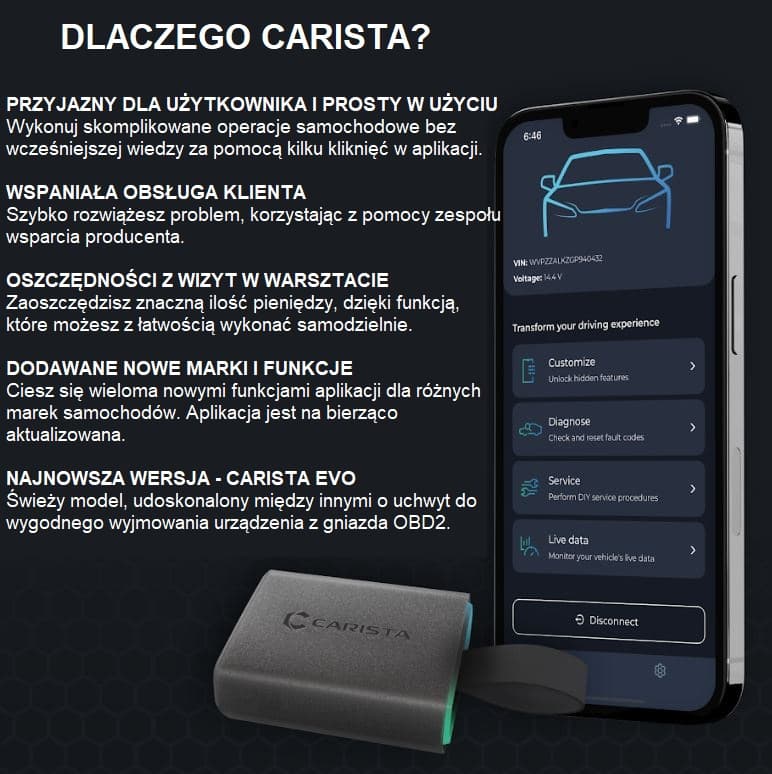 CARISTA EVO adapter interfejs diagnostyczny OBD-2 bluetooth Android/iPhone do BMW, Toyota, Lexus, Volkswagen, Seat, Skoda, Audi, Cupra, MINI, Nissan *najnowszy model*